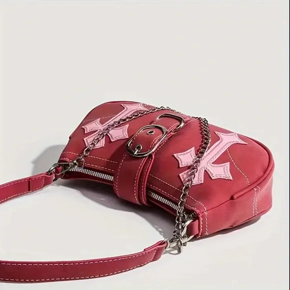 🆕 Y2K Style Satchel Handbag, Vegan Leather Bag -  Chain & Gothic Cross Accents - Picture 5 of 10